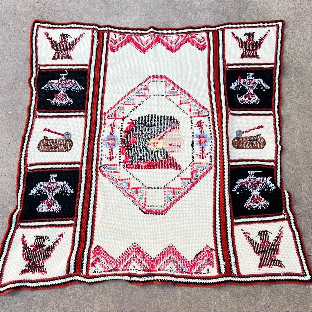 VINTAGE NATIVE AMERICAN PATCHWORK KITSCHY 60’s CROCHET THROW BLANKET
